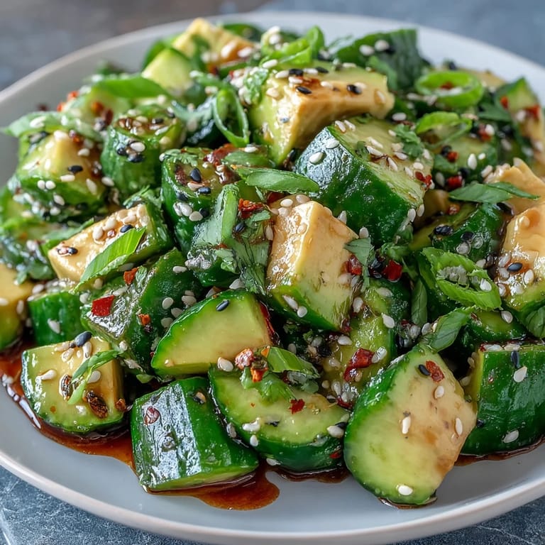Taste this smashed cucumber avocado salad, perfectly creamy with nutty sesame notes.