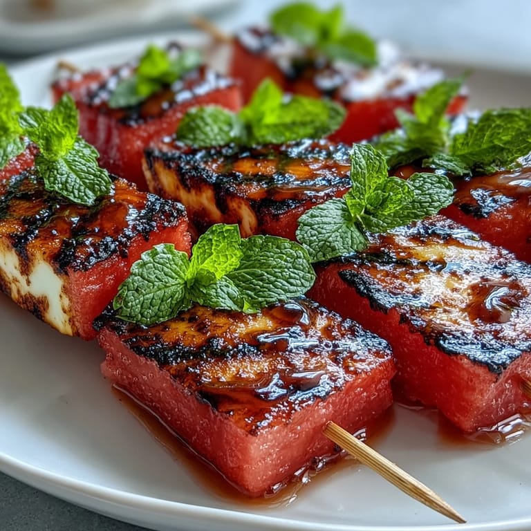 Salty halloumi and juicy watermelon skewers grilled with vibrant mint garnish.