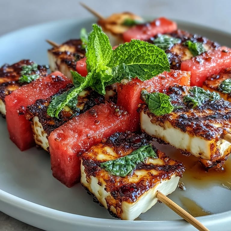 Easy grilled halloumi and watermelon skewers, a refreshing appetizer with a minty finish.