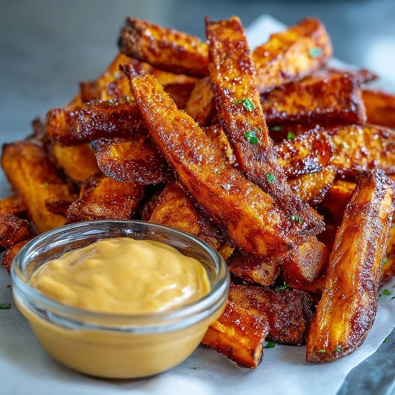 Golden air fryer sweet potato fries ready for dipping in smoky chipotle aioli.