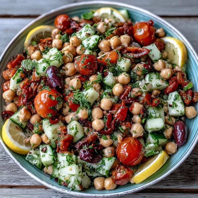 Tender Mediterranean chickpea salad featuring juicy tomatoes and Kalamata olives ready to serve.