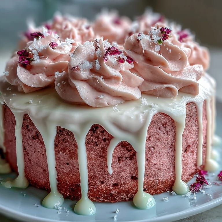 A blush pink Rosé Velvet Cake, delicately frosted and dramatically gold-driped.