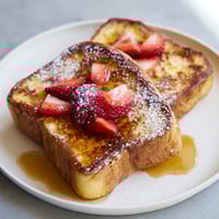 Golden brown French toast slices topped with fresh berries and maple syrup on a rustic plate.