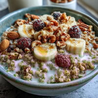 A warm bowl of Buckwheat Groats Breakfast topped with fresh berries and crunchy nuts, drizzled with honey.
