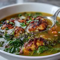 Golden turmeric High Protein Lemon and Turmeric Chicken Soup with tender chicken and kale in a steamy bowl.