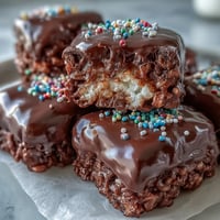 Glossy Chocolate Covered Rice Krispy Treats topped with rainbow sprinkles are cut into squares and served on a white plate.