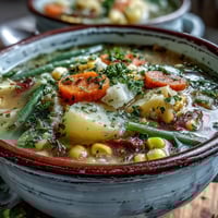 Steaming bowl of Amish Snow Day Soup with tender vegetables and fresh thyme garnish.