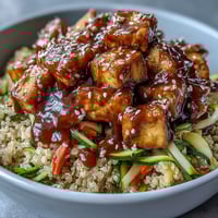 Golden-crisp baked tofu cubes and colorful spiralized zucchini and carrots top fluffy quinoa in an Easy Teriyaki Bowl.