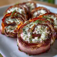 Ham, cream cheese, and pickle pinwheels on a white platter, arranged in a spiral pattern for a festive appetizer.