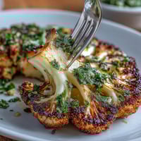 Smoky BBQ cauliflower steaks piled high, drenched in vibrant, fresh chimichurri sauce.