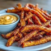 Crispy air fryer sweet potato fries with creamy chipotle aioli dipping sauce.