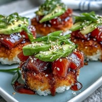 Spicy Tuna Crispy Rice Bites layered with creamy avocado and vibrant drizzle.